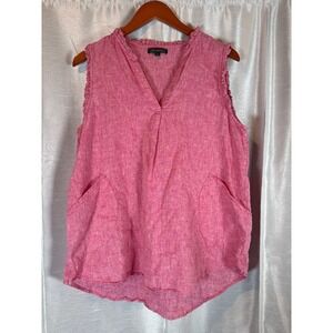 FOR CYNTHIA Pink Linen Blend Ruffle Neck Sleeveless V-Neck Top Size L